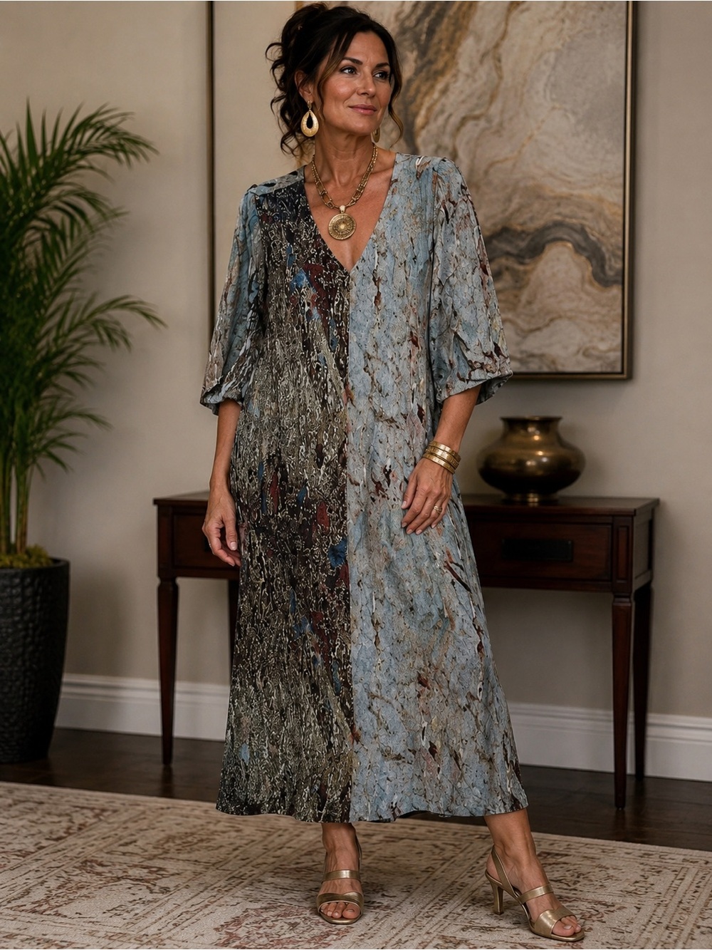 XL bryn Walker Two-Tone Marbled Maxi Dress in Blue and Brown